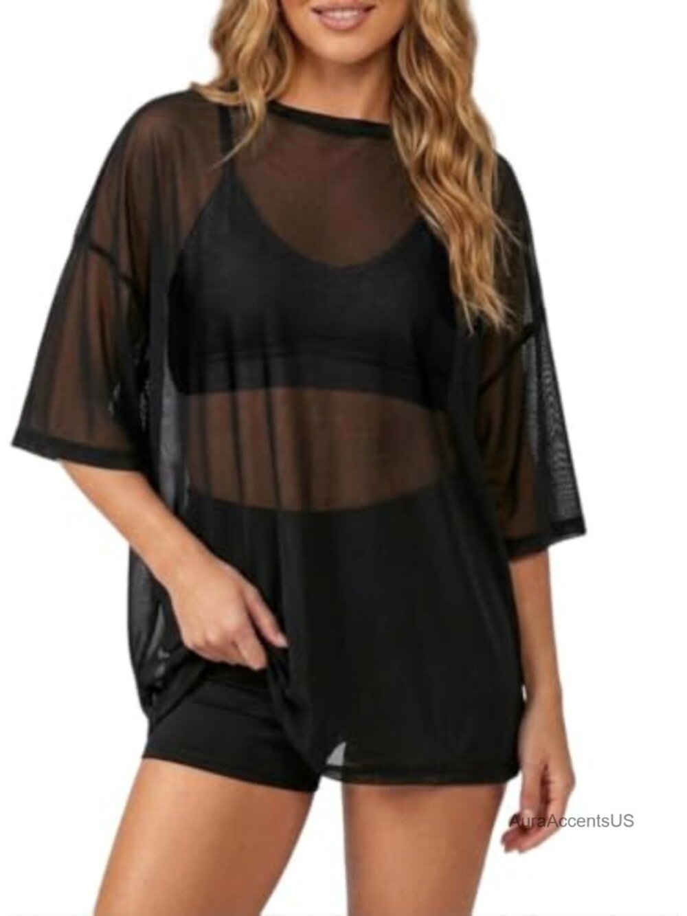 Sheer Mesh T-Shirt Oversized Short Sleeve See Through Cover Up